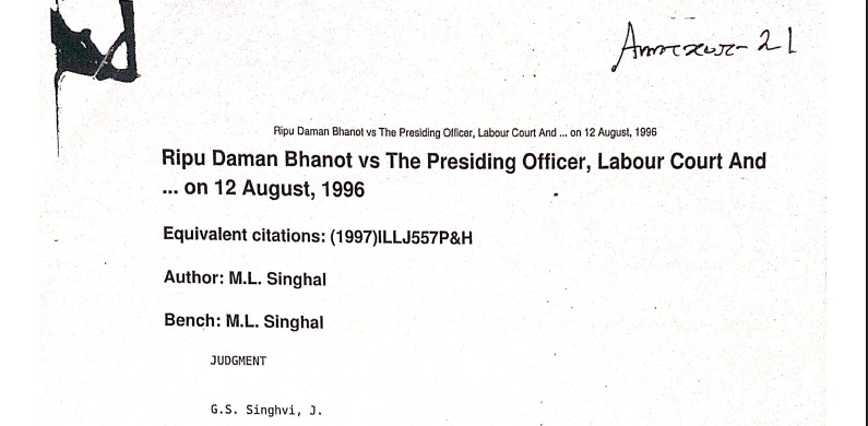 Ripu Daman Bhanot vs The Presiding Officer, Labour Court And...on 12 August, 1996